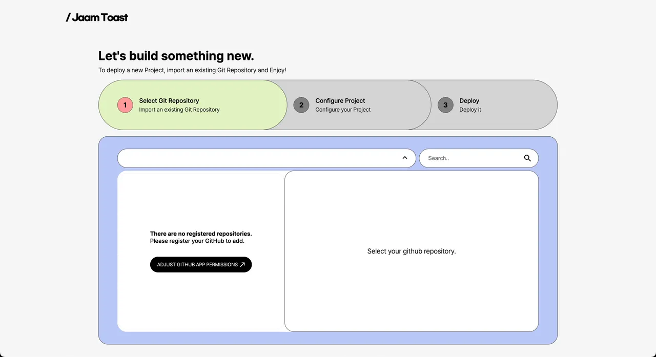 Jaam Toast Deploy Page Screenshot. Shows a selectable list of repositories
