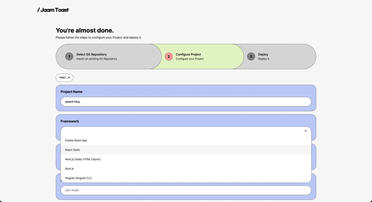 Jaam Toast Deploy Page Screenshot, shows a setting options for deploy