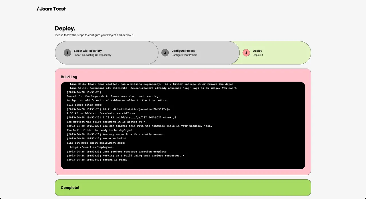 Jaam Toast Deploy Page Screenshot, shows a deploy progress logs