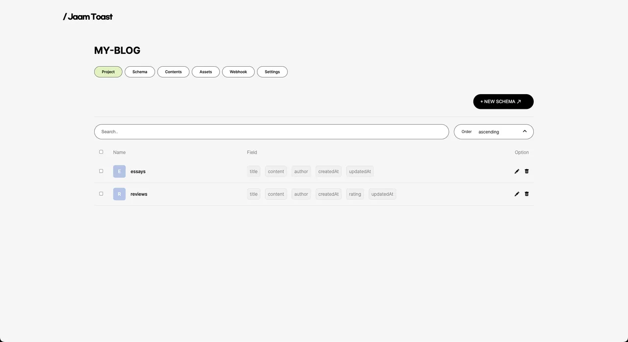 Jaam Toast Project Page Screenshot, shows a list of schemas